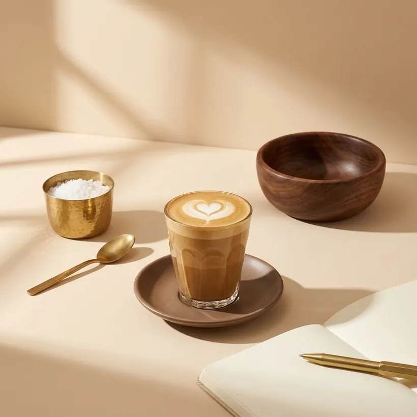 A latte on a brown saucer at the Dalla bar